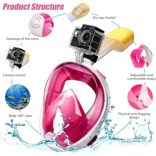 Snorkel Mask, Full Face 180°view Snorkeling Gear with Panoramic Design-Compatible Sports Camera, Diving Mask with Anti-fog and Anti-leak Technology for Adults and Kids (Pink, S/M) — view 2