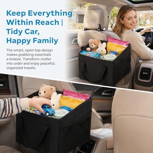 Lirynox Car Organiser, 31x25x25cm Car Seat Organizer Portable Waterproof Boot Storage Organisers with Handle Foldable Multi-Compartment Backseat Storage Caddy for Holds Toys Snacks Cups Books Tissue — view 5