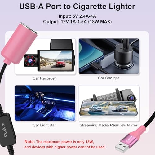 J&D USB A Male to 12V Car Cigarette Lighter Socket Female Converter Cable, 30 cm, 12V 18W Power Adapter, Compatible with Dash Cam, GPS, Car LED Light Strips, Pink — view 2