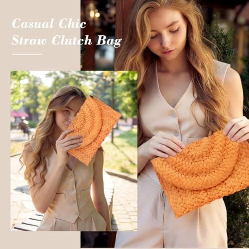 Paxory Straw Beach Clutch Bag for Women, Summer Boho Handmade Woven Beach Handbag, Casual Straw Clutch Bags for Summer Sandybeach Travel Holiday Vacation (Orange) — view 2
