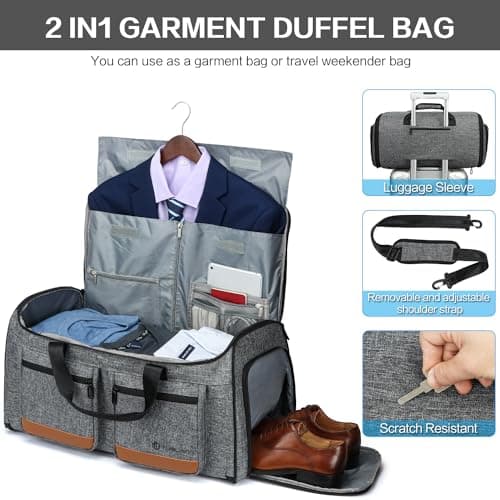 TUGUAN Convertible Garment Duffle Bags for Travel, Carry on Garment Duffel Bag Backpack for Men Women, 3 in 1 Large Suit Travel Bag with Shoe Compartment & Back Straps for Weekend Luggage, Grey — view 5