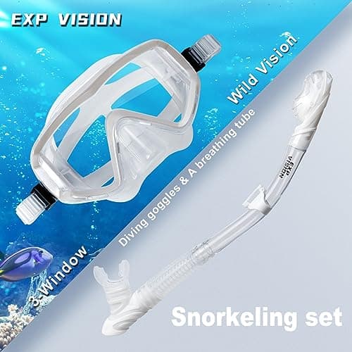 Dry Snorkel Set, Pano 3 Window Snorkel Mask, Anti-Fog Scuba Diving Goggles and Snorkel, Professional Adult Snorkeling Swim Mask Gear (Pearl White Set) — view 6
