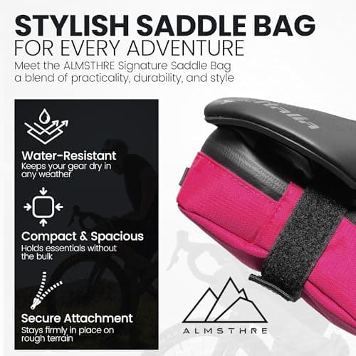 ALMSTHRE Signature Bike Saddle Bag – Passion Pink | 0.5L Bike Seat Bag (3" x 5.25" x 2") | Water-Resistant Ripstop, Waterproof Zipper, Internal Pocket | Durable Under Seat Storage — view 2