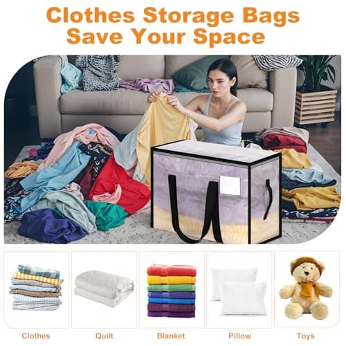 Yafe 3 Pack Medium Clothes Storage Boxes with Lids, 48L Transparent Capacity Storage Bags Storage Organiser Moving Bags Packing Boxes for Moving House Clothes Bedding Duvet Toys Storage(48L) — view 5