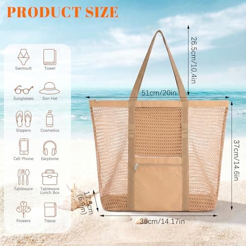 Dntorx Women's Mesh Beach Bag, Lightweight Khaki Beach Tote for Travel — view 3