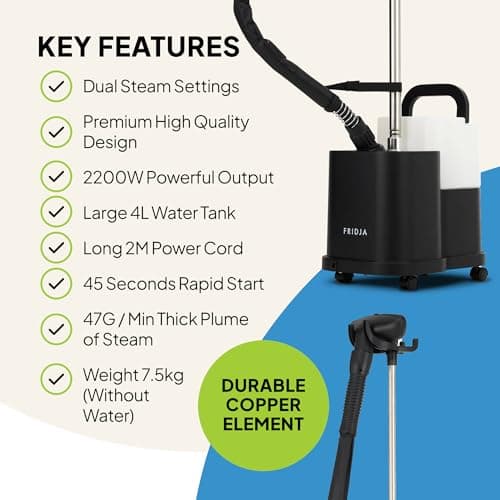 Fridja f1600 Commercial Clothes Steamer, 2200W, 4L Tank, 45-Second Heat-Up — view 3