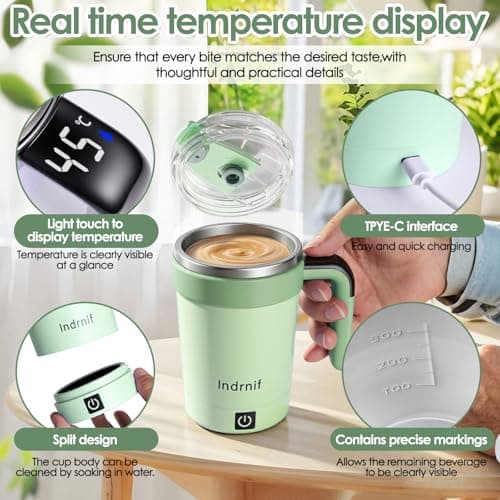 380ml Automatic Self Stirring Coffee Mug, Electric Mixing Cup with Magnetic Stirrer and LED Temperature Display, Rechargeable Travel Mug with Whisk and Detachable Base for Coffee, Milk, Cocoa (green) — view 3