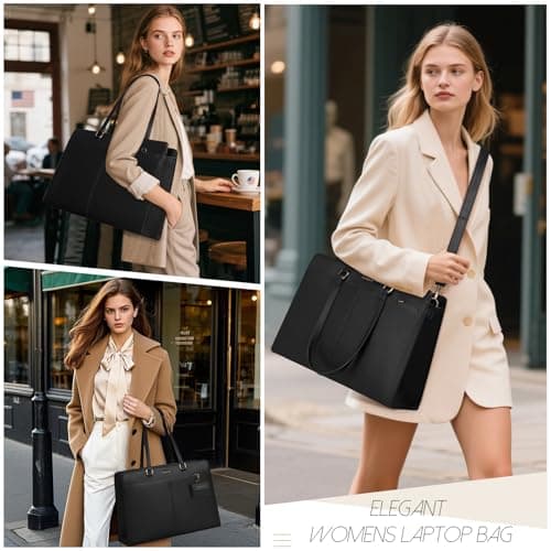 RAINSMORE Laptop Bag for Women 15.6 Inch Work Tote Bags Waterproof PU Leather Handbag Shoulder Bags Business Office School Briefcase Black — view 6