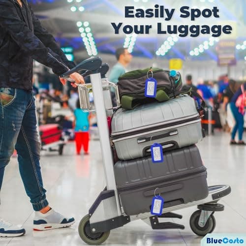 BlueCosto Luggage Tags (Small, Blue, 10 PK) - Suitcase Tags w/Name ID Card & Heavy-Duty Metal Wire Loops - Bright Coloured PVC Tags for Travel Baggage - Backpack Name Labels — view 5