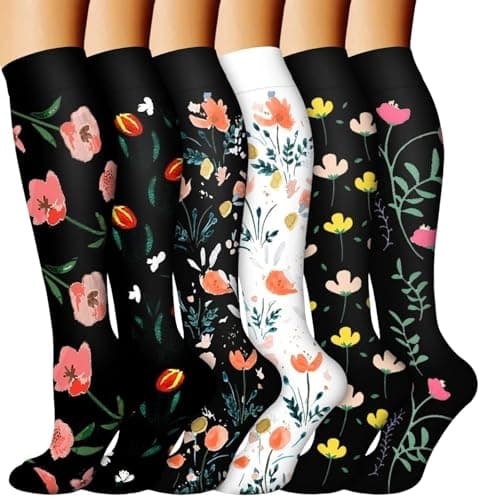 Compression Socks for Women and Men 15-20 mmHg 6 Pack Flight Socks Leg Warmers Knee High Stockings Support Pressure Compression Stockings for Running Athletic Nursing