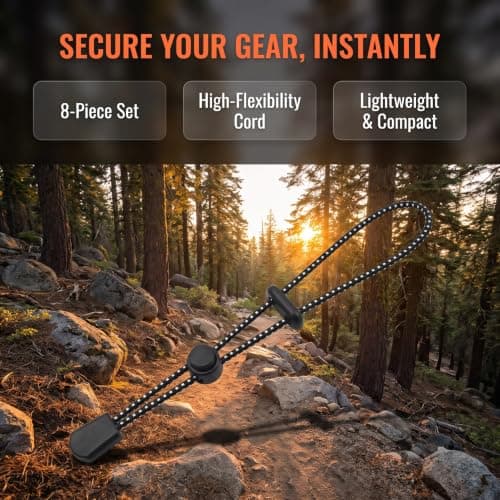 Kemay Walking Stick Holder for Backpack - Heavy Duty Bungee Cords with Fixing Buckle, Elastic Trekking Pole Straps, Hiking Accessories & Gear Attachment for Camping, Mountaineering (Black, 8 Pack) — view 2
