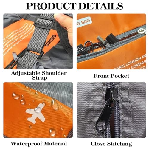 INVODA Foldable Travel Duffel Bag Sports Gym Tote Water Resistant Carry on Luggage Bag Weekender Overnight Bag (Orange) — view 6