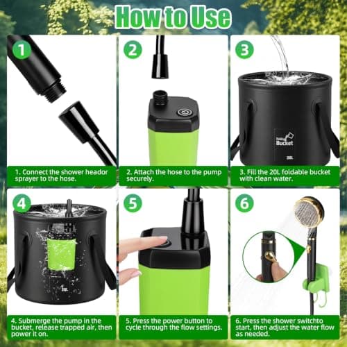 Capsste Portable Shower for Camping, 6000mAh Rechargeable Camping Shower Pump with LED Display, 20L Foldable Bucket, Rinse Kit, IPX7 Waterproof, for Hiking, Travel, Car, Pet — view 2