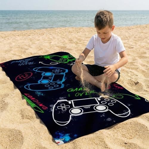 Vxcvzv 1 Piece Beach Towel Swimming Towels for Kids - Gaming Controller Design - Soft and Lightweight Blanket for Camping Showers Boys Bath Pool Camping Travel 75 x 150cm (Black) — view 4