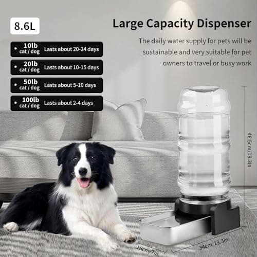 Marchul 8.6L Water Dispenser for Dogs and Cats, Automatic Dog Water Dispenser with Stainless Steel Water Bowl and 3 Filters, Large Capacity Gravity Dog Water Bottle for Medium and Large-Sized Pets — view 5
