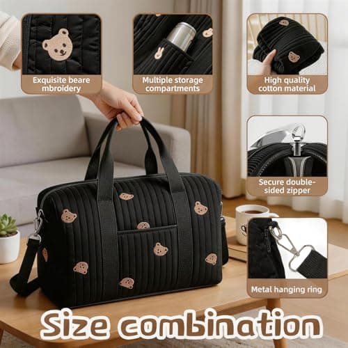 Gonggi Large Baby Changing & Hospital Maternity Bag, Cotton Mommy Diaper Tote Bags with Embroidery Large Capacity Multiple Soft Nappy Bag Lightweight Travel Duffel Bags with Shoulder Strap (Black-B) — view 3