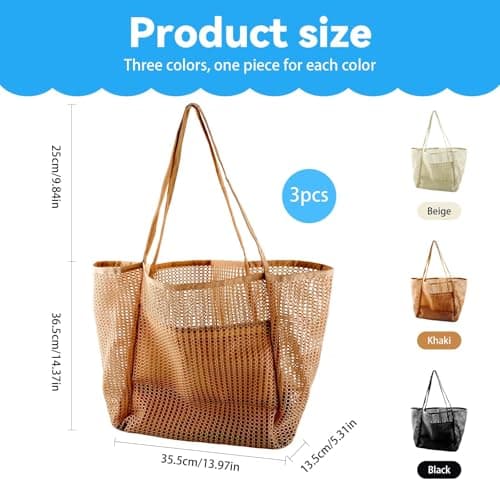 ktxaby 3 Pack Mesh Beach Bags for Women,Waterproof Beach Tote with Inner Pocket, Foldable 23L Shopping Bags for Pool Beach Travel and Picnic(Black Khaki Beige) — view 3