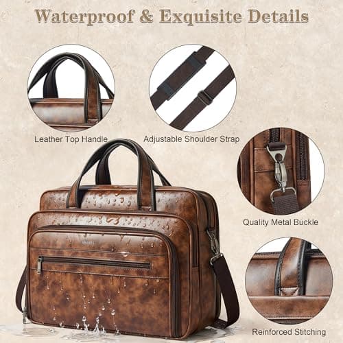 Shrrie Leather Messenger Bag for Men&Women 17 Inch Vegan Leather Laptop Bag,Water-Resistant Large Shoulder Satchel Office Work,Brown — view 6
