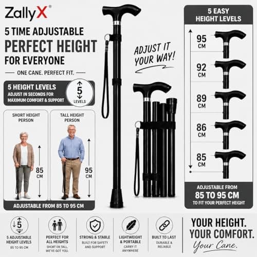 ZallyX Foldable Walking Sticks for Men & Women, 85–95cm Adjustable Ladies Walking Stick, Mobility aids, Collapsible walking stick For Elderly Adults (Black) — view 6