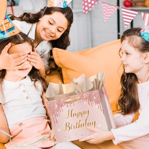 12'' Large Rose Gold Happy Birthday Gift Bag for Women and Girls Pink Present Set with Greeting Card and Wrapping Tissue Paper Birthday Party Decorations Supplies — view 6