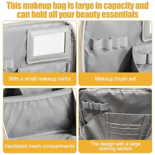 Travel Makeup Bag, Large Capacity Cosmetic Bags with Waterproof Toiletry Compartment, Luggage Strap, Detachable Mirror, and Leather Portable Standing Makeup Bag — view 5