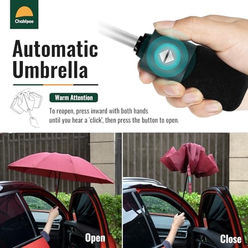Chakipee Travel Windproof Strong Compact Umbrella - 10 Ribs Red Portable Umbrella for Men and Women - Inverted Folding Automatic Umbrellas for Wind and Rain, 210T Fabric 105cm Span — view 3