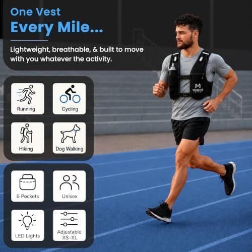 Massive Impact Running Vest with Water Bottles (2×500ml) & 3 LED Lights | Lightweight Reflective Hydration Vest with Phone Holder & 6 Pockets | Adjustable Running Backpack for Men & Women — view 5