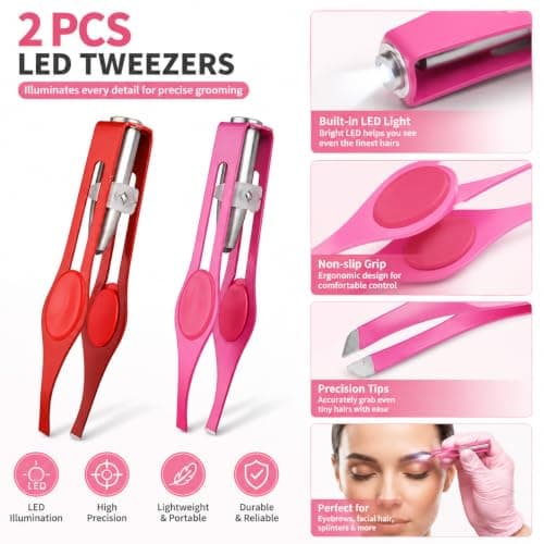 WUERKIYA 2-Pack LED Tweezers Set – Precision Stainless Steel Eyebrow Tweezers with Built-in Light – Enhanced Beauty Tool for Facial Hair Removal – Portable Grooming Kit in Red and Rose Gold — view 4