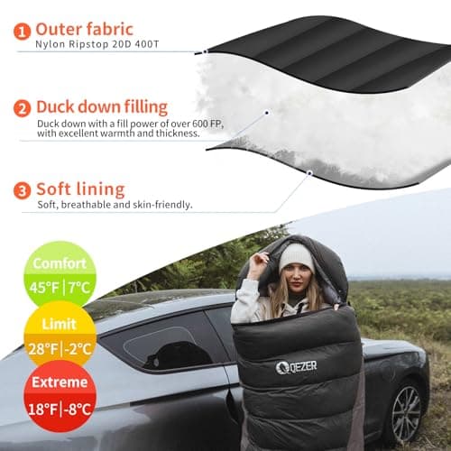 QEZER Down Sleeping Bag,Lightweight Rectangular Winter Sleeping Bag [1180g/1860g] for Adults and Kids 4 Season Camping, Hiking,Warehouse and Moutaineering Outdoor (Black, 800g down) — view 4
