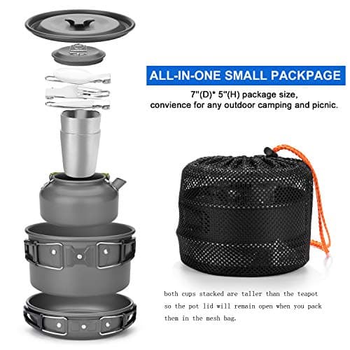 Odoland Camping Cookware Mess Kit for 2 People, Lightweight Outdoor Pot Pan Kettle with 2 Cups, Fork Spoon Cookware Kit Backpacking Picnic Gear for Trekking and Hiking — view 2