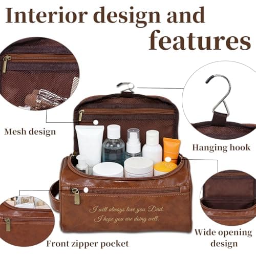 Personalised Men Toiletry Bag, Custom Engraved Travel Dopp Kit with Name Initials, Valentines Gift, Groomsmen & Best Man Gift, Father's Day, Wedding, Birthday Present for Husband, Light Brown — view 3