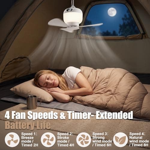 Camping Fan with Light & Remote, Portable Ceiling Fan Wireless Rechargeable Tent Fan with 4 Speeds,3 Light Modes,Timer, Battery Powered Fan for Tents, Canopy, Beach, RV, Car, Camper & Outdoor — view 5
