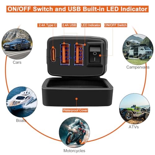 Hoembpn Motorcycle USB Charger Waterproof Fast Charging with Switch — view 6
