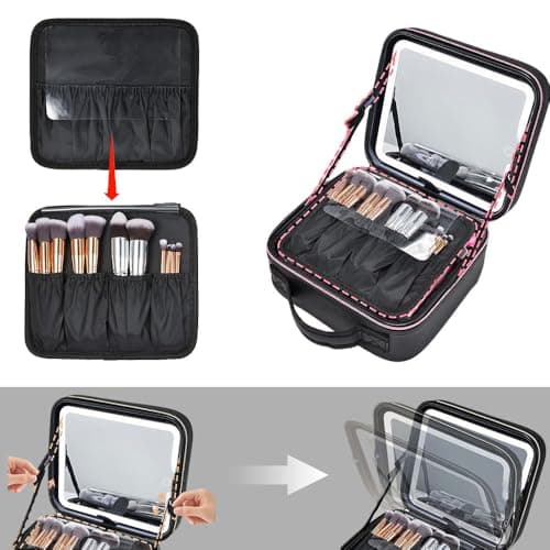 Travel Makeup Bag with LED Mirror, 3 Color Dimmable Light, Waterproof PU Leather Cosmetic Bag with USB Rechargeable & Adjustable Dividers, Makeup Organiser for Women Girls, Black — view 5
