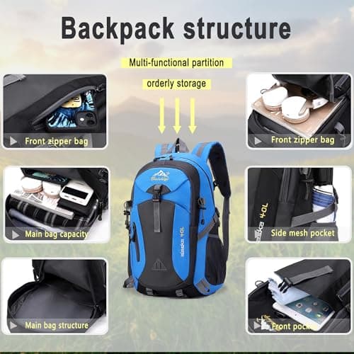 Nircho 40L Hiking Backpack Lightweight Breathable Trekking Rucksack for Men Women, Durable Water Resistant Travel Bag for Skiing Camping Climbing Cycling Trekking Mountaineer Outdoor Sports (Blue) — view 2