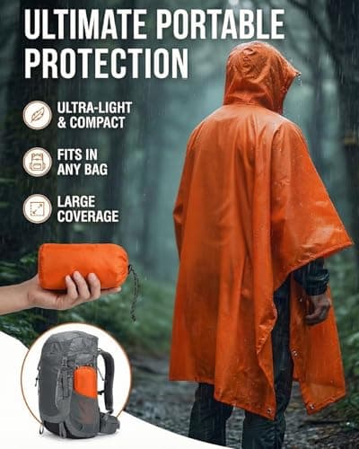 Victoper Waterproof Poncho Adult, Lightweight Reusable Rain Poncho Adult Waterproof for Outdoor Hiking Camping Cycling Traveling Waterproof Raincoat with Emergency Grommet Corners Orange — view 4