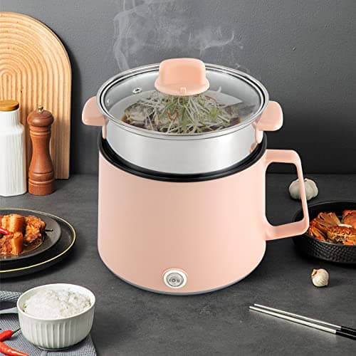 1.7L Electric Hot Pot, Double Layer Electric Cooker with Steamer, Portable Multifunctional Noodle Pot, Mini Travel Hot Pot for Soup Pasta Vegetables, Boil Dry Protection UK Plug (Pink) — view 3