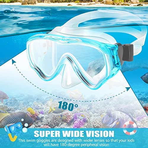 HIKOTEY Children's Snorkel Set,Panoramic Wide View Diving Mask,Snorkeling Gear Anti-Leak and Anti-Fog Tempered Glass Lens,Dry Snorkel Tube,Includes Earplugs and Nose Clip for Age 4-16 Years(Blue) — view 3