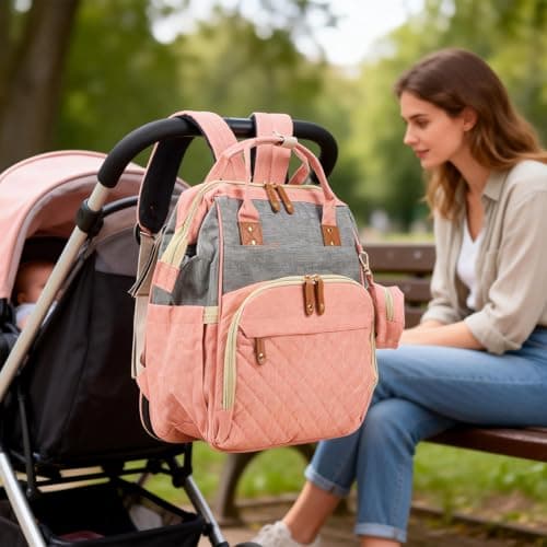 Minifactory Baby Changing Backpack with Changing Mat, Large Capacity Nappy Bag Backpack with 14 Organised Pockets, Waterproof Diaper Bag, Insulated Bottle Holder, USB Charging Port (Pink) — view 2