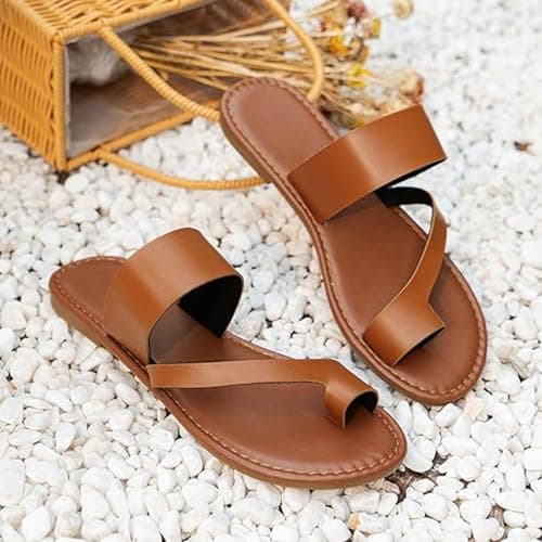 Flat Sandals for Women, Toe Loop Post Slip On Backless Ladies Mule Sandals, Summer PU Leather Beach Travel Daily Flip Flops, Valgus Bunion Foot Corrector(Brown,5 UK) — view 5