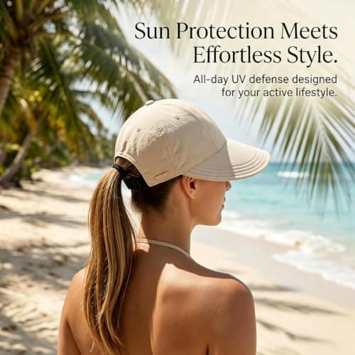 Trendy Wide Brim Sun Hat,UPF 50+ UV Protection Cap for Ponytails, Adjustable Packable Visor Cap for Hiking Golf (Beige) — view 3