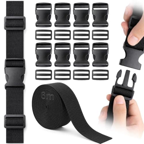 Ruytx 6M Webbing Strap Kit 20mm with 8 Buckles, 8 Three-Slot Buckles Black