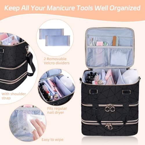Nail Polish Organizer Case,3 Layer Nail Lamp Storage Bag Holds 84 Bottles (15ml/0.5 fl.oz) Nail Bag &Nail Lamp,Nail Polish Carrying Case Nail Kit Supplies Organizer Bag - Black — view 2