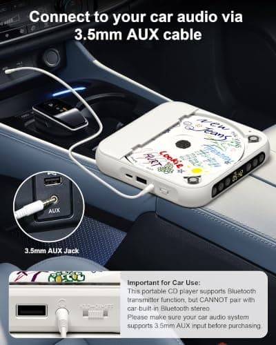 CD Player Portable with Built-in Speaker, Bluetooth Rechargeable CD Player for Home & Car, Personal Small Music Player Supports CD/USB/AUX, Includes Headphones & Type-C Cable, White — view 5