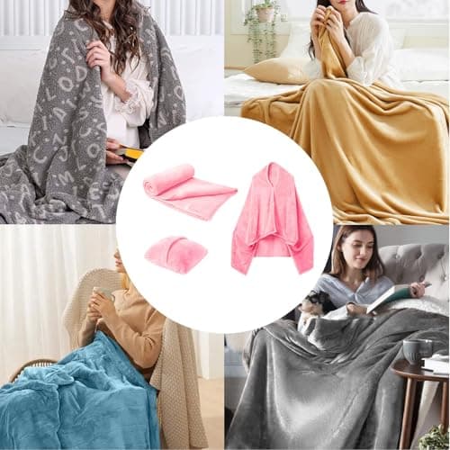 Travel Blanket and Pillow, Premium Soft 2-in-1 Folding Travel Blanket, Multifunctional Shawlable Flannel Poncho Blanket, Car Blanket for Women, Men (Pink) — view 3