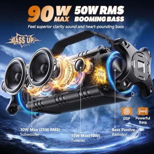 W-KING 90W Max Bluetooth Speaker, IPX6 Waterproof Portable Speakers Wireless Bluetooth, 50W Deep Bass Loud Outdoor Speaker with 40H Playtime/Stereo Pairing/TF Card/AUX/NFC for Party,Camping — view 3