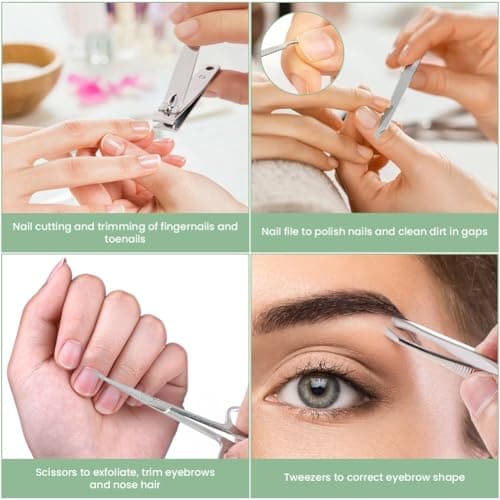 LOPHE Professional Manicure Set, 4pcs Portable Nail Clippers & Eyebrow Grooming Kit, Stainless Steel Nail Care Tools with Luxurious Leather Case for Travel & Home(Green) — view 3