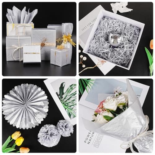 Silver Tissue Paper 35x50cm, 60 Sheets Metallic Silver Colors for Gift Bags Wrapping Gifts Packing Crafts, Shimmer Tissue Paper Bulk for Birthday Wedding Baby Shower Christmas Party Flowers Decor — view 5