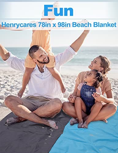 Henrycares Beach Blanket Picnic Blanket, Extra Large 250 x 200cm Sandproof Waterproof Beach Mat with 4 Stakes for 5-8 Adults, Summer Essentials Outdoor Blanket for Travel Camping Hiking Picnic (Blue) — view 2
