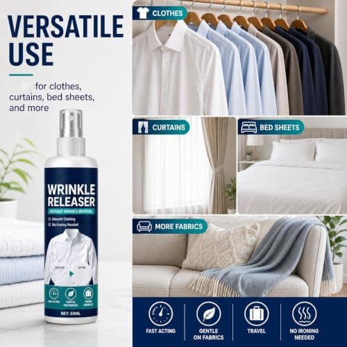 Crease Release Spray,Instant Wrinkle Releaser Spray,Fabric Refresher & Wrinkle Release Spray,No Iron Fabric Smoothing Agent,Reduces Creases on Shirts, Bedding and Curtains,Travel Friendly, 50ml — view 6